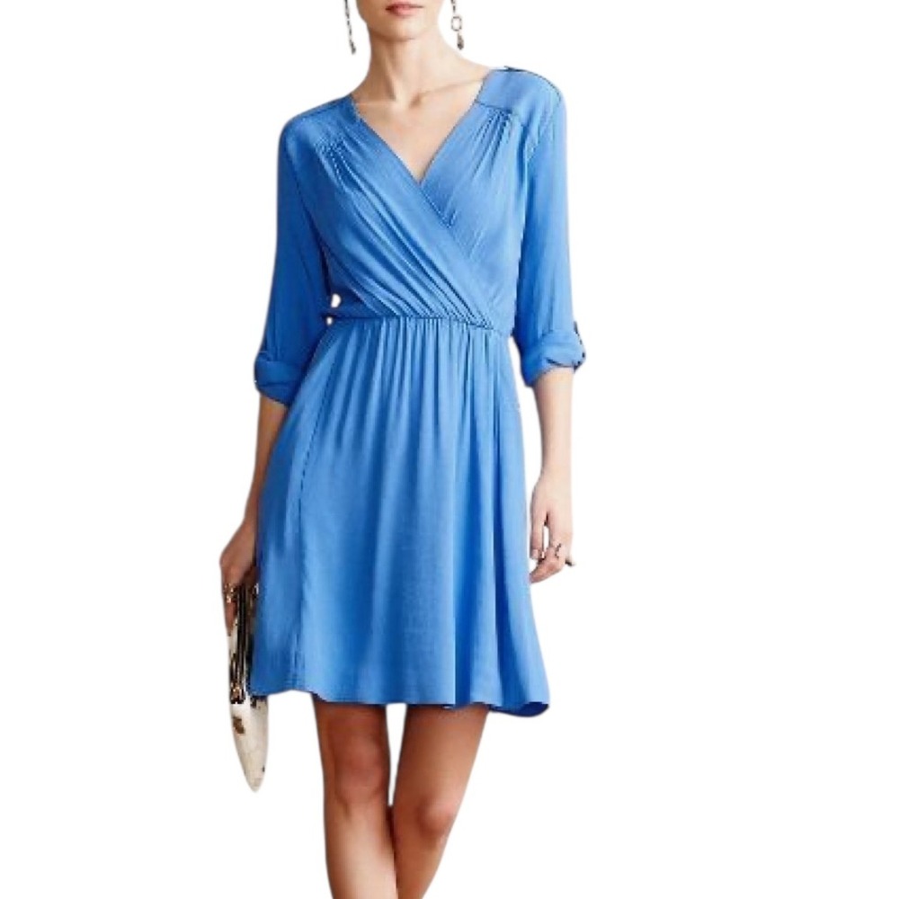 Maeve Anthropologie Blue Mini Dress Long Sleeve Wrap Casual Women's Size Small